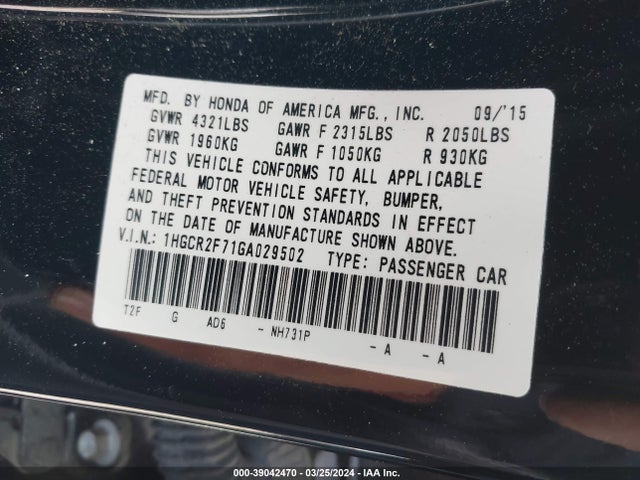 Honda ACCORD EX 2016 1HGCR2F71GA029502 Image 9