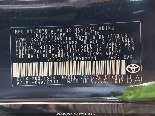 Toyota COROLLA LE 2016 5YFBURHE2GP502221 Image 9
