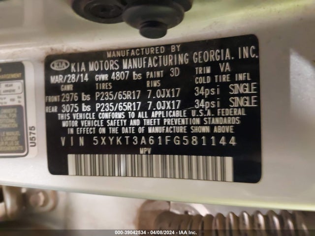 KIA SORENTO LX 2015 5XYKT3A61FG581144 Image 9