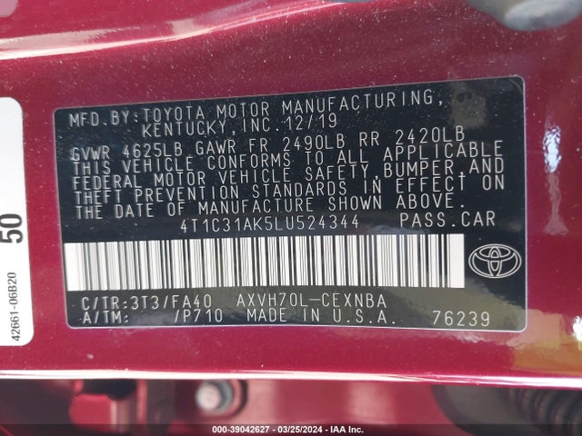 Toyota Camry Le Hybrid 2020 4T1C31AK5LU524344 Image 9