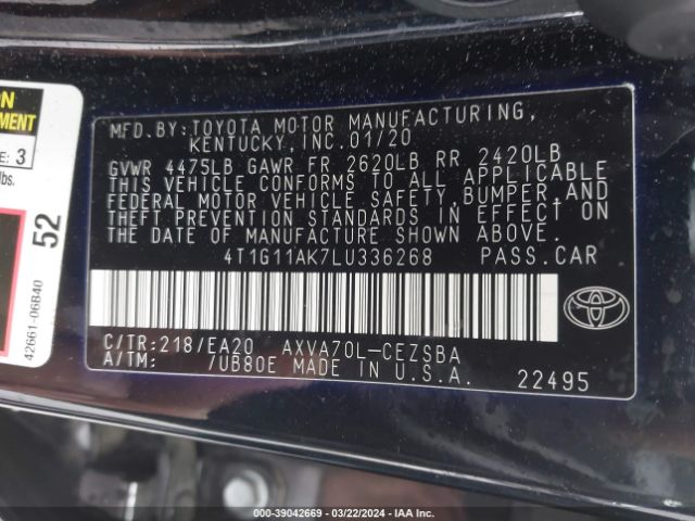 4T1G11AK7LU336268 Toyota Camry Se/se Night Shade