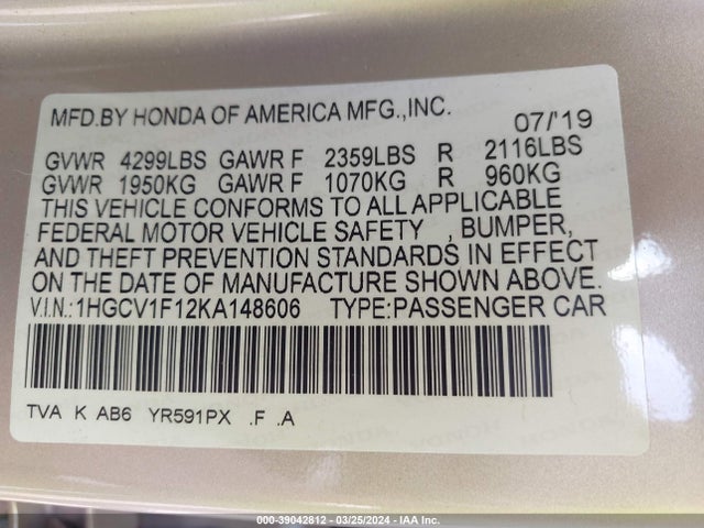 Honda ACCORD LX 2019 1HGCV1F12KA148606 Image 9