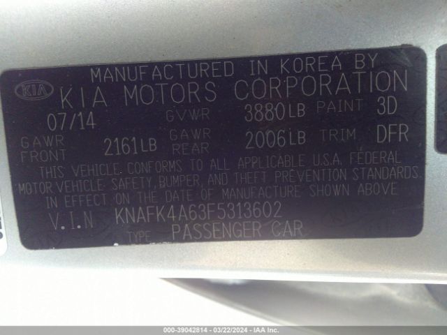 KNAFK4A63F5313602 KIA FORTE LX