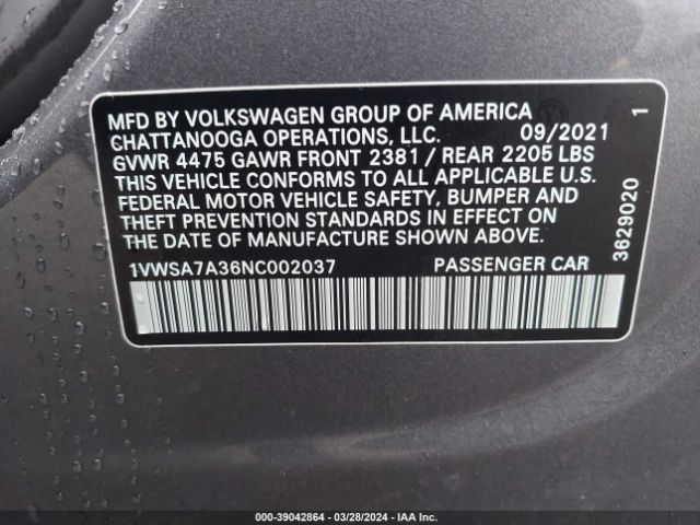 1VWSA7A36NC002037 Volkswagen Passat 2.0t Se