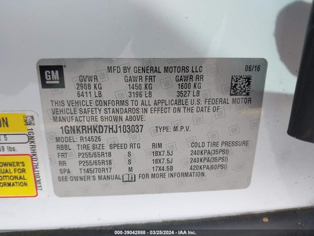 Chevrolet Traverse 2lt 2017 1GNKRHKD7HJ103037 Image 9