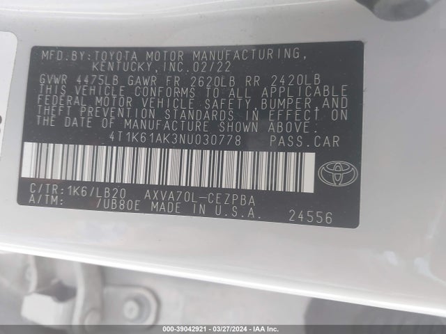 Toyota CAMRY XSE 2022 4T1K61AK3NU030778 Image 9