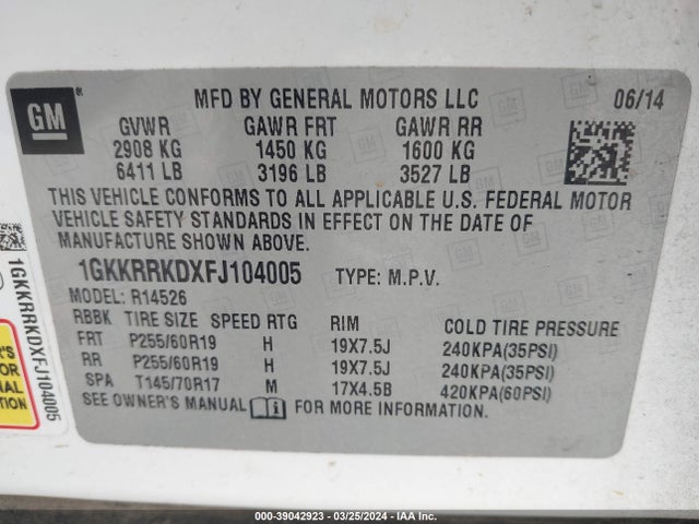 1GKKRRKDXFJ104005 GMC Acadia Slt-1