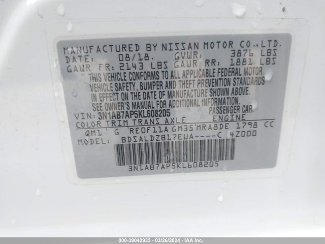 Nissan SENTRA SV 2019 3N1AB7AP5KL608205 Image 9