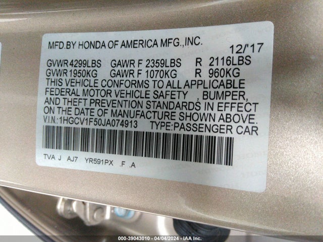 Honda Accord Ex-l 2018 1HGCV1F50JA074913 Image 9