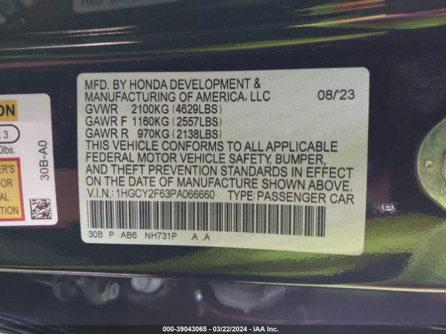 1HGCY2F63PA066660 Honda Accord Hybrid Ex-l