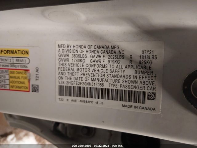 2HGFE2F20NH516086 Honda Civic Lx