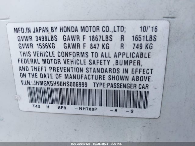 JHMGK5H90HS006999 Honda Fit Ex-l