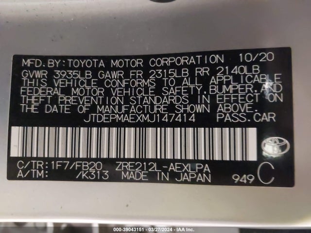 Toyota COROLLA LE 2021 JTDEPMAEXMJ147414 Image 9