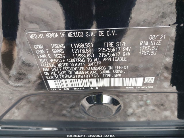 Honda Hr-v Awd Lx 2022 3CZRU6H37NM707768 Image 9