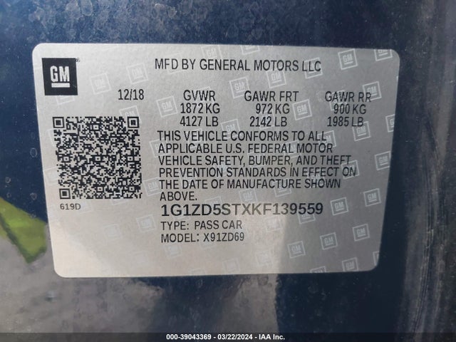 Chevrolet MALIBU LT 2019 1G1ZD5STXKF139559 Image 9