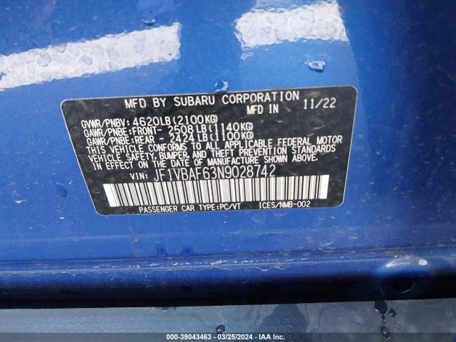 Subaru Wrx Premium 2022 JF1VBAF63N9028742 Image 9