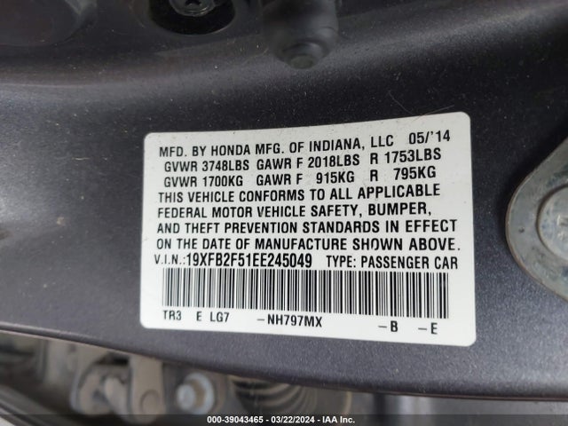 Honda Civic Lx 2014 19XFB2F51EE245049 Image 9