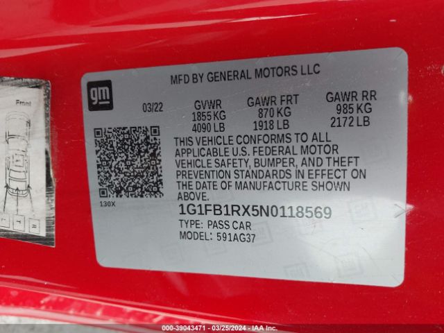 1G1FB1RX5N0118569 Chevrolet Camaro Rwd  1lt