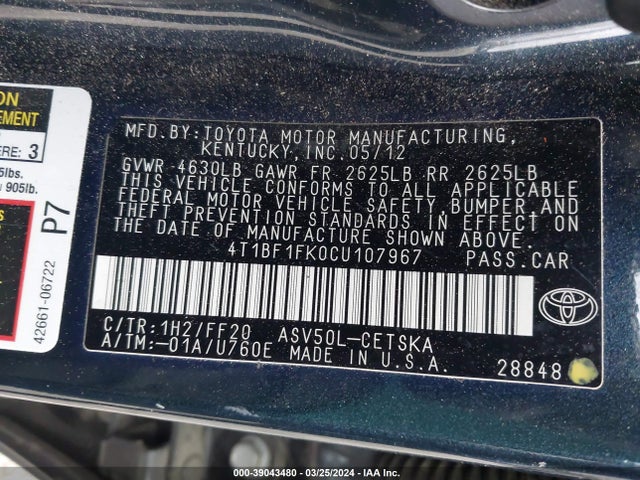 Aukcja sprzedaży 2012 Toyota Camry Se, vin: 4T1BF1FK0CU107967, numer aukcji: 39043480