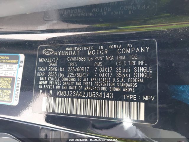 KM8J23A42JU634143 Hyundai TUCSON SE