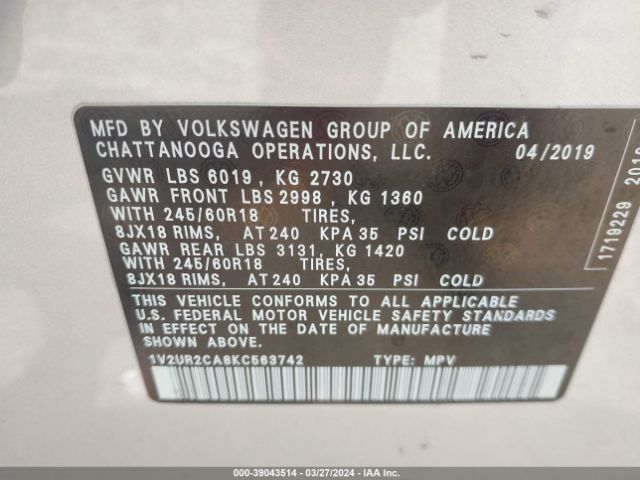 1V2UR2CA8KC563742 Volkswagen Atlas 3.6l V6 Se W/technology
