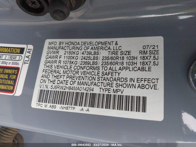 Honda Cr-v Awd Ex-l 2021 5J6RW2H84MA014294 Image 9