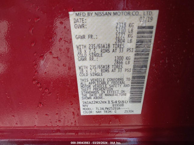 Nissan MURANO S 2019 5N1AZ2MJ2KN154980 Image 9