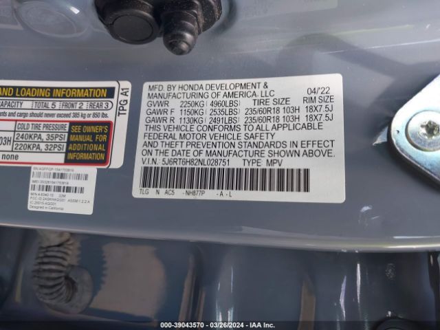 5J6RT6H82NL028751 Honda Cr-v Hybrid Ex-l