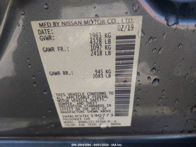 Nissan Altima 2.5 Sr 2019 1N4BL4CV7KC190773 Image 9