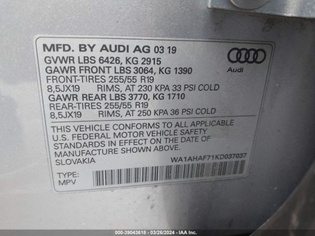 WA1AHAF71KD037037 Audi Q7 45 Premium/45 Se Premium