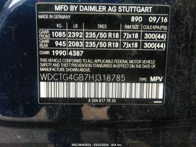 WDCTG4GB7HJ318785 Mercedes-Benz Gla 250 4matic