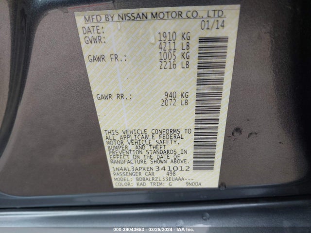 Nissan Altima 2.5 S 2014 1N4AL3APXEN341012 Image 9