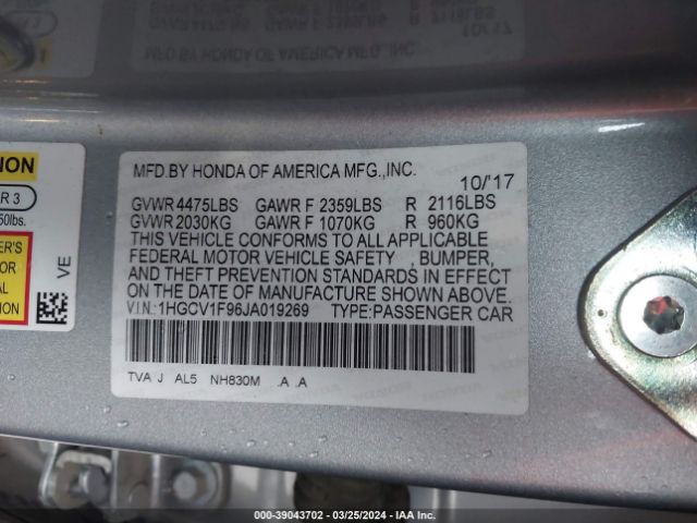 1HGCV1F96JA019269 Honda Accord Touring