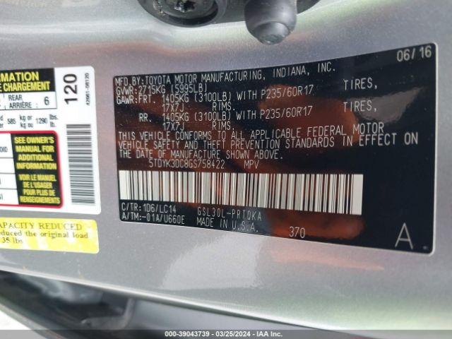 5TDYK3DC8GS758422 Toyota Sienna Xle/limited