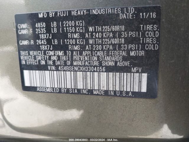4S4BSENCXH3304056 Subaru Outback 3.6r Limited