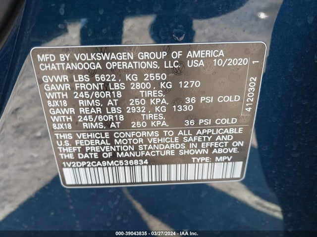1V2DP2CA9MC536834 Volkswagen Atlas 2.0t Se