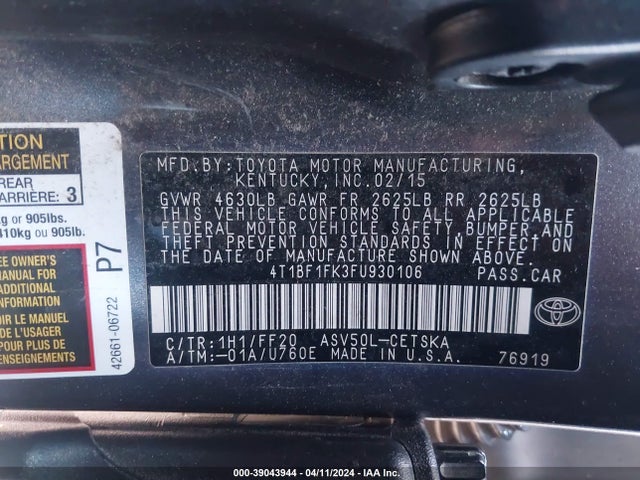Toyota CAMRY SE 2015 4T1BF1FK3FU930106 Image 9