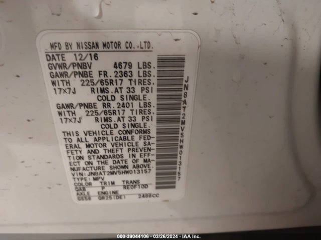 Nissan ROGUE SV 2017 JN8AT2MV5HW013157 Image 9