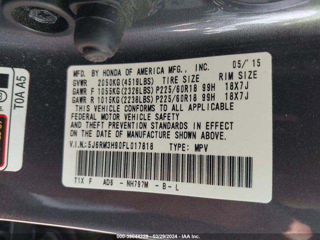Honda Cr-v Touring 2015 5J6RM3H90FL017818 Image 9
