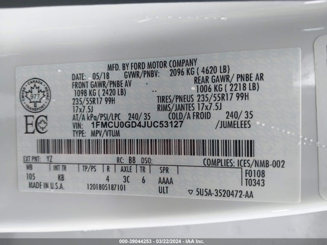 Ford ESCAPE SE 2018 1FMCU0GD4JUC53127 Image 9