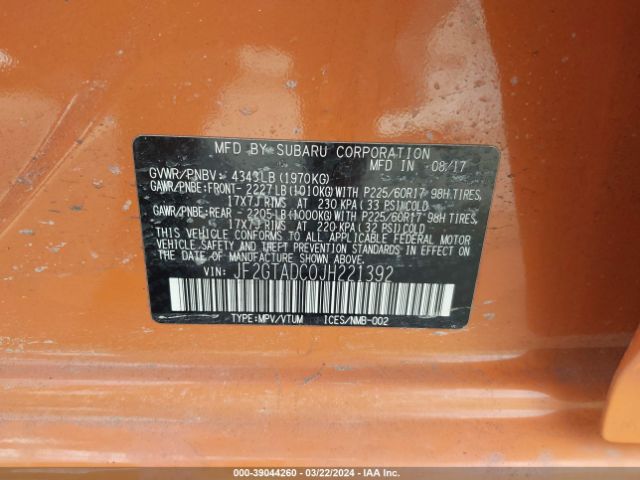 JF2GTADC0JH221392 Subaru Crosstrek 2.0i Premium
