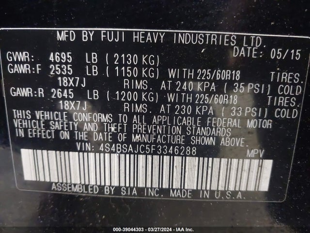 Subaru Outback 2.5i Limited 2015 4S4BSAJC5F3346288 Image 9