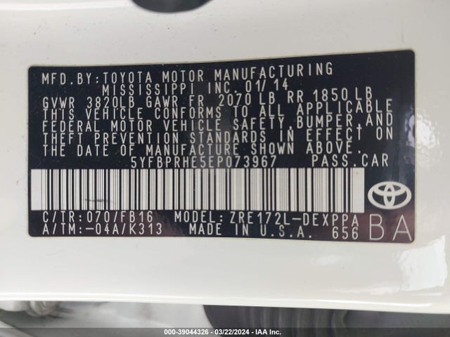 Toyota Corolla Le Eco Plus 2014 5YFBPRHE5EP073967 Image 9