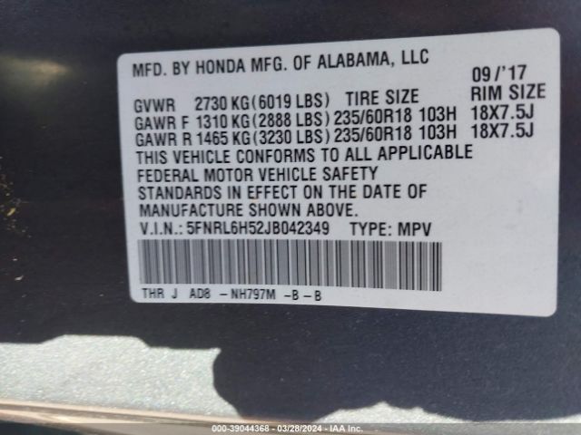 5FNRL6H52JB042349 Honda ODYSSEY EX