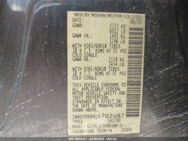 Nissan Frontier S/sv/pro-4x 2020 1N6ED0EB6LN702087 Image 9