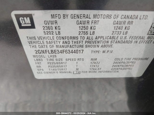Chevrolet EQUINOX 1LT 2015 2GNFLBE34F6344017 Image 9
