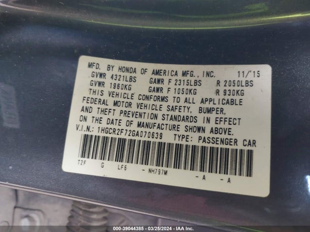 Honda ACCORD EX 2016 1HGCR2F72GA070639 Image 9