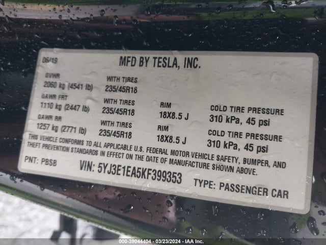 Tesla Model 3 Long Range/mid Range/standard Range/standard Range Plus 2019 5YJ3E1EA5KF399353 Image 9
