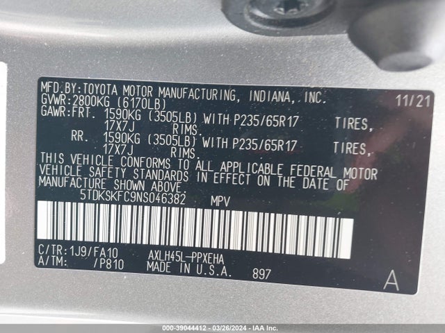 Toyota SIENNA LE 2022 5TDKSKFC9NS046382 Image 9