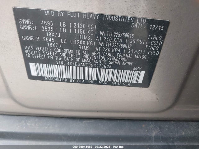 Subaru Outback 2.5i Limited 2016 4S4BSANC8G3270626 Image 9